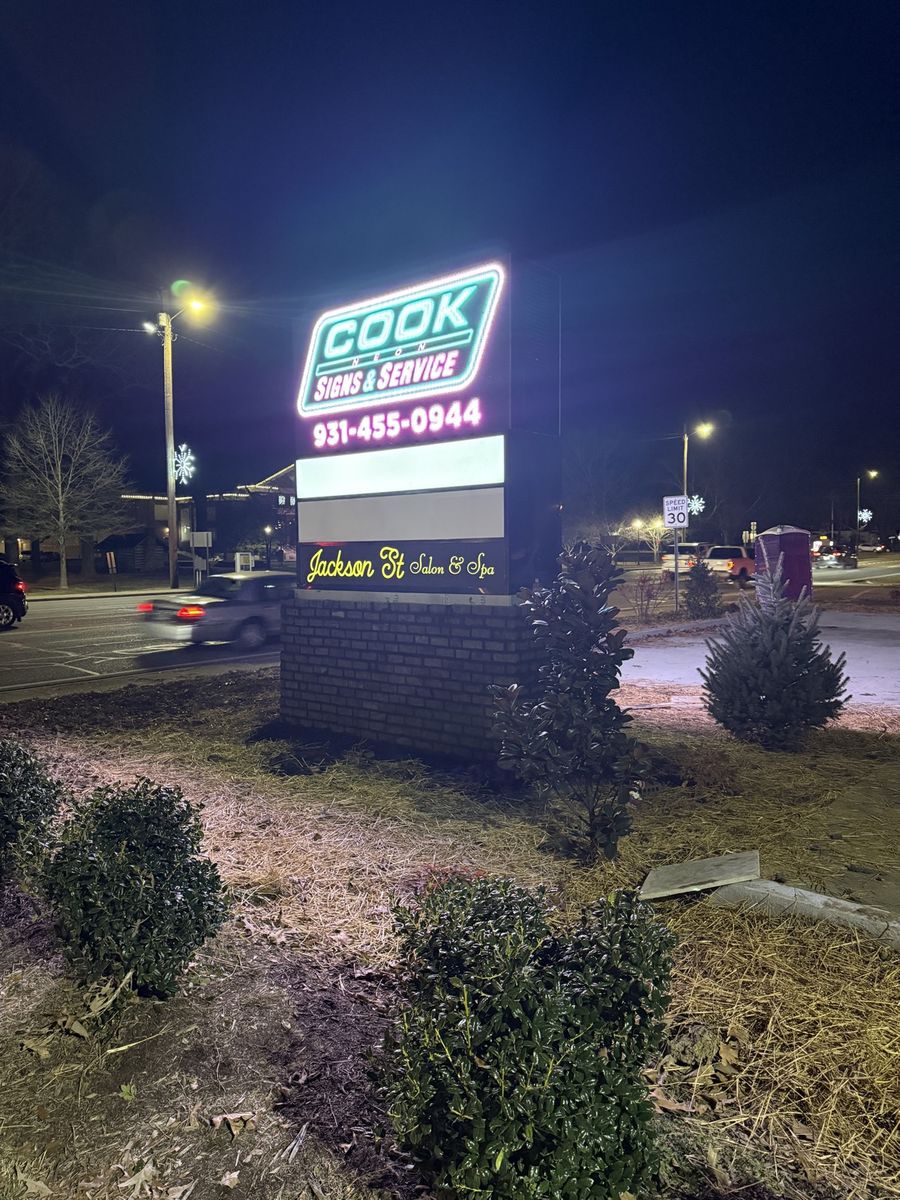 The Cook Neon Signs & Service illuminated monument sign in Tullahoma, Tennessee